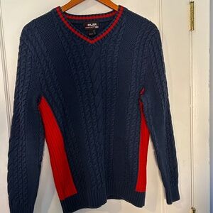 Pajar | Mens "Bromley"  Cable Knit V-Neck Sweater | Navy w/red accents | Small